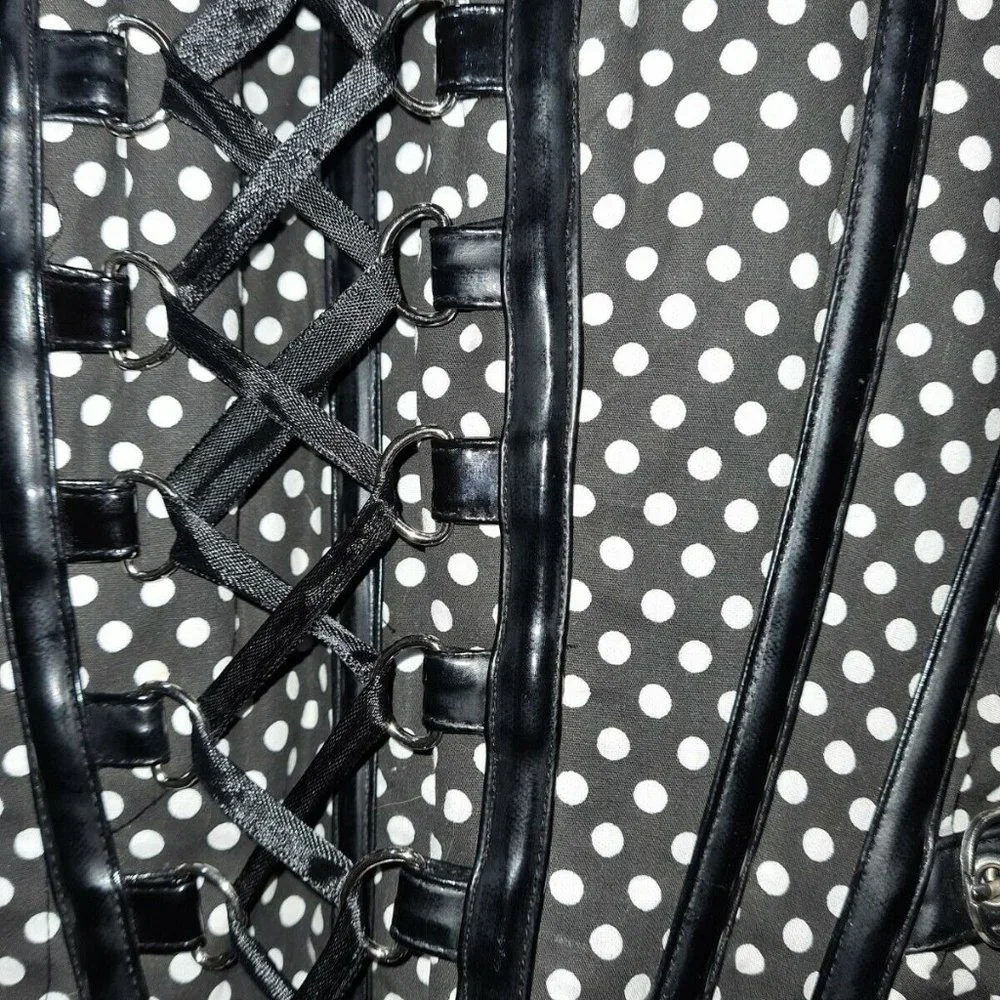 Burlesk Black Polka Dot Corset Buckle Steel Goth Rockabilly Lace Overbust Size M - Picture 3 of 6